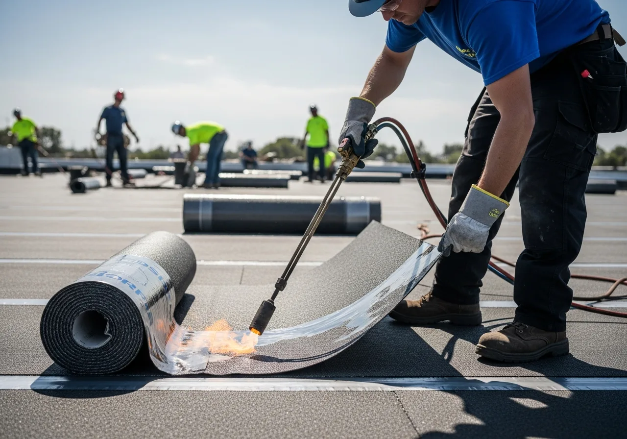Roofer torch-applying modified bitumen membrane on a commercial flat roof