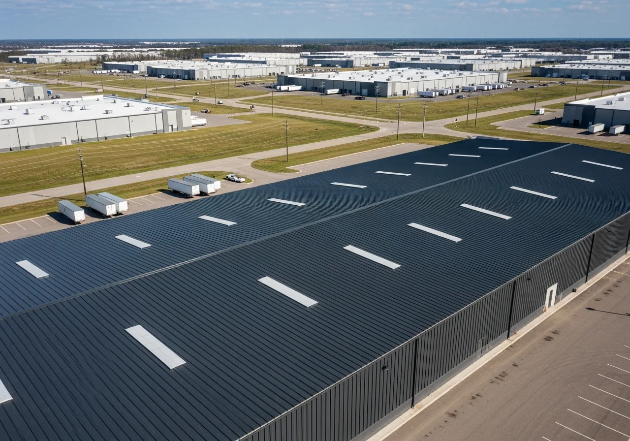 Aerial view of a dark metal roof on a large commercial warehouse