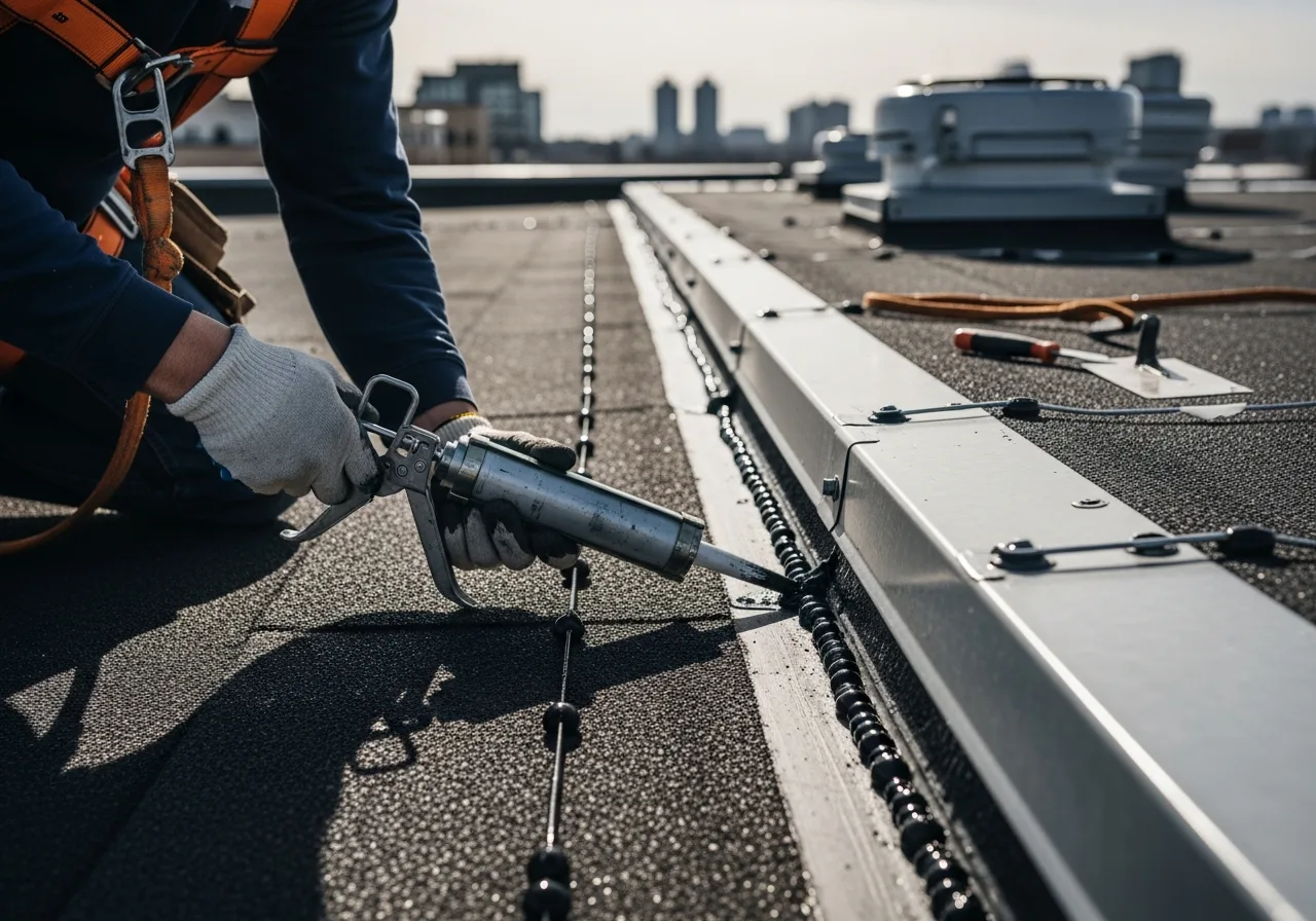 Commercial roofer applying sealant around roof flashing with caulk gun