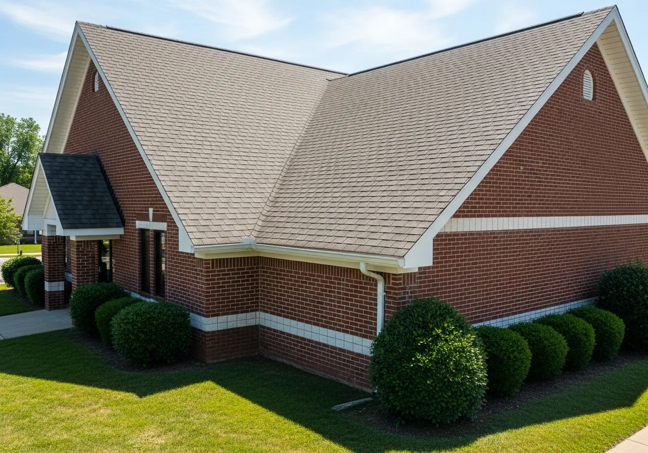 Shingle roof on a brick church building with well-maintained grounds