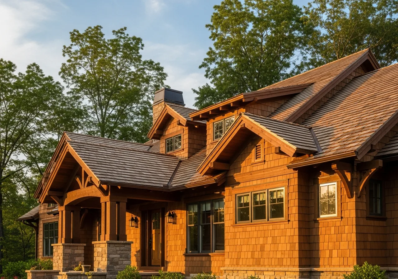 Cedar shake roof on a craftsman-style Georgia home at golden hour